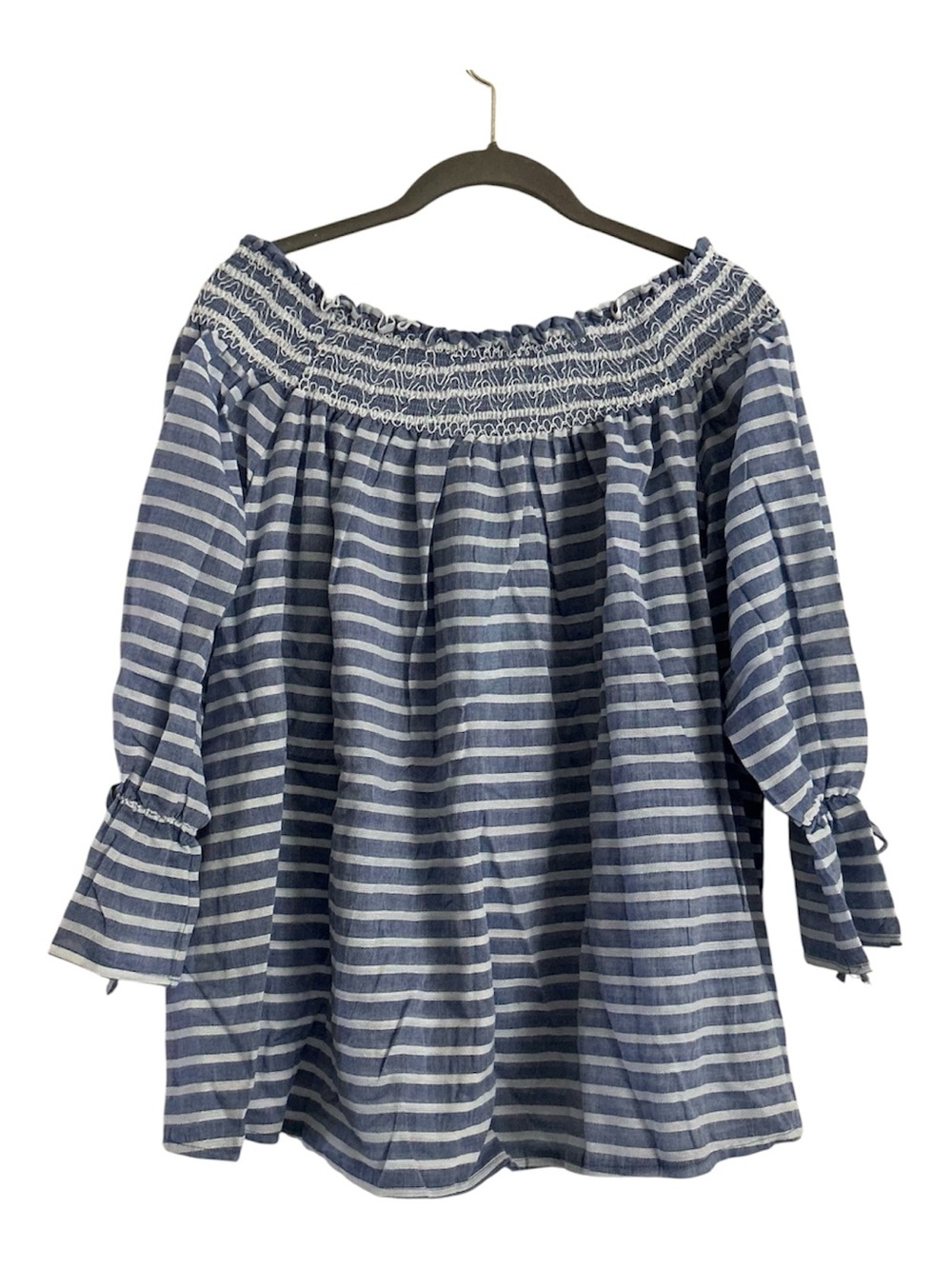 She+Sky Blue and White horizontal striped off-the-shoulder boho peasant blouse M
